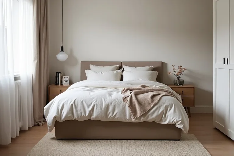 A calm small bedroom using hidden under-bed storage to keep the floor clear.