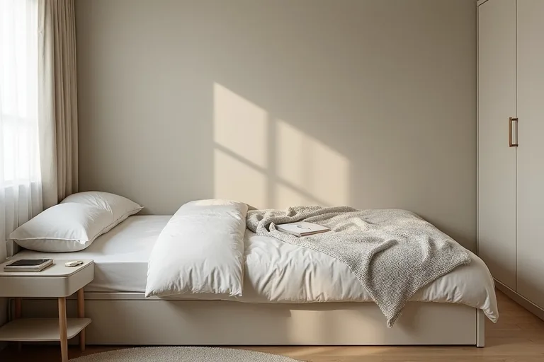 A small bedroom layout with a compact bed and clear walking space