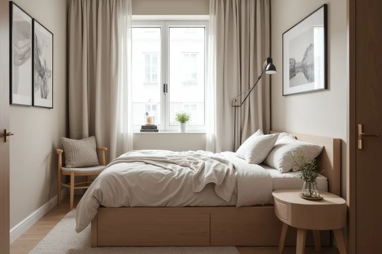 A small bedroom with a clear walking path and careful furniture placement around the door.