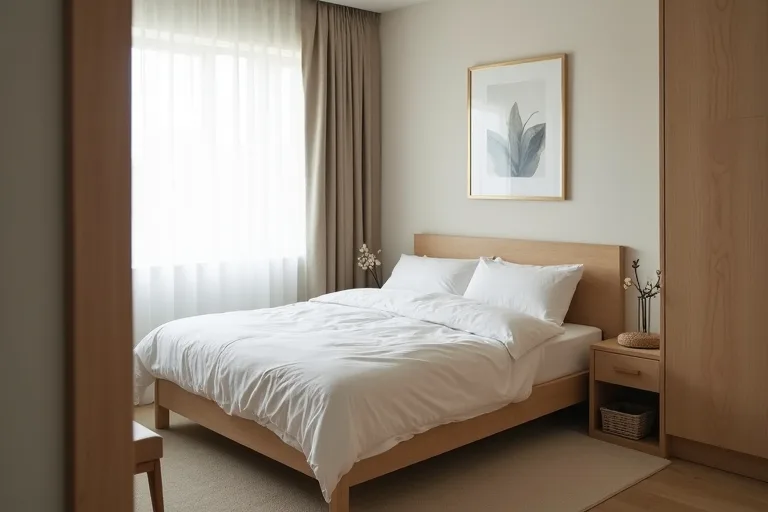 A restrained small bedroom with simple styling and uncluttered surfaces