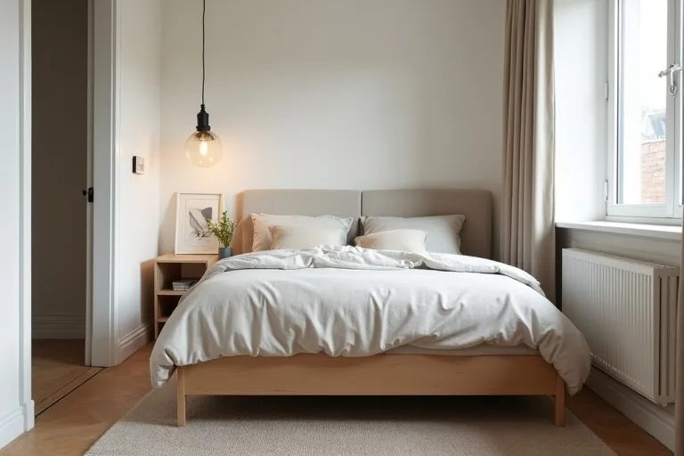 A small bedroom with a simple layout, compact nightstands, and hidden under-bed storage to reduce clutter.