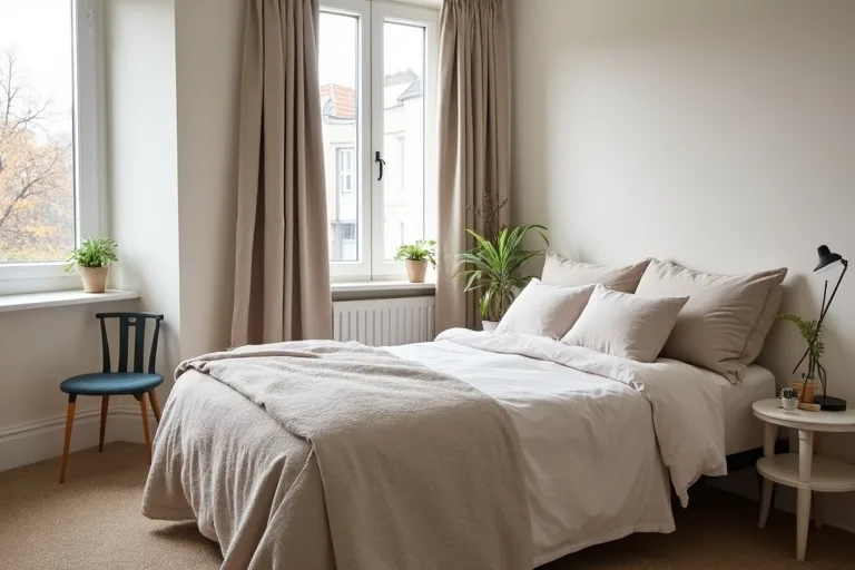 A compact bedroom layout with slimmer furniture and a clear sense of scale.