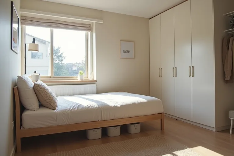 Hidden storage under a bed in a tidy small bedroom