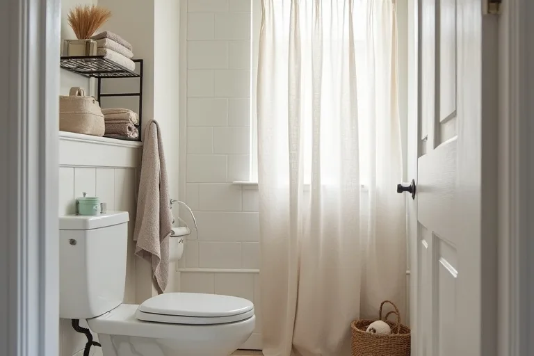 A compact bathroom focused on simple storage and a neutral fabric shower curtain