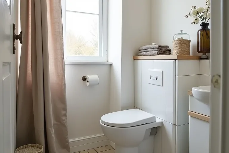 A small bathroom with practical vertical storage above the toilet and a calm everyday layout