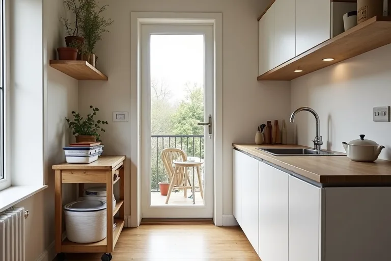 A compact kitchen counter kept clear for prep, with only a few useful items visible.