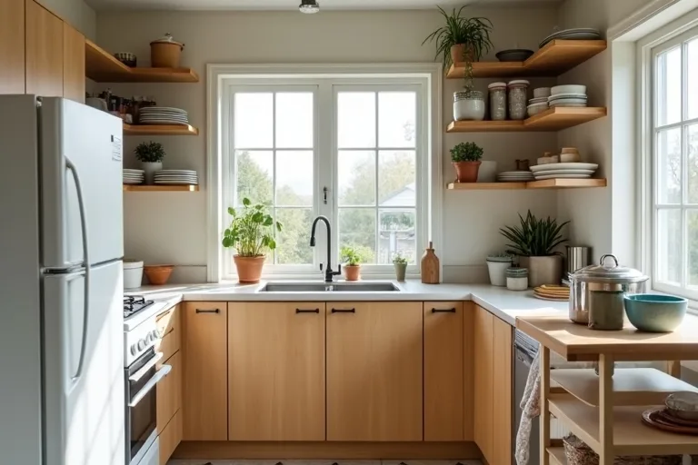 Small kitchen prep area with limited counter space and organised everyday storage