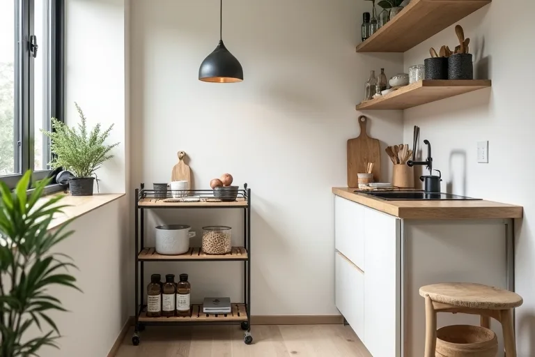 Small kitchen storage planning with visible clearances and simple practical surfaces