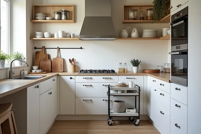 A compact kitchen layout with clear walking space and simple everyday storage.