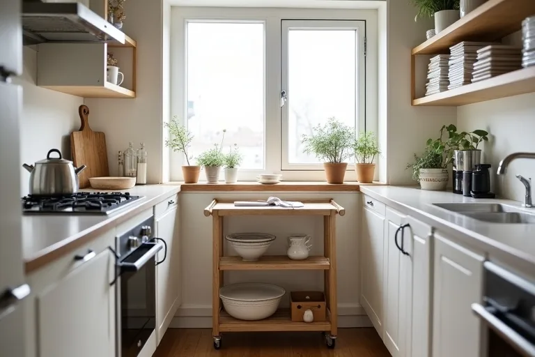 Neatly organized pantry containers used to reduce clutter in a small kitchen
