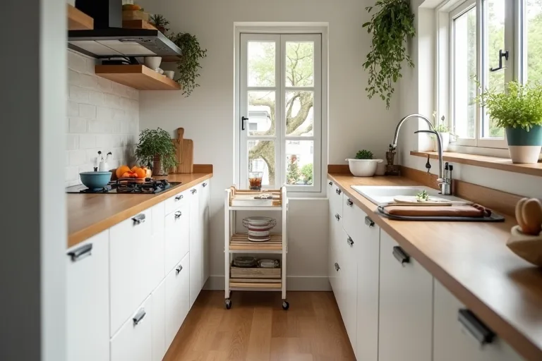 A lived-in small kitchen with clear prep space and room to move through the layout.