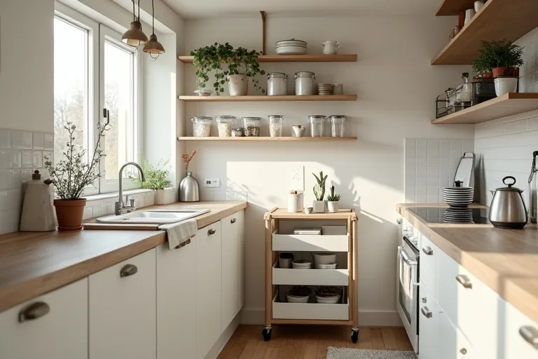 A compact kitchen workspace showing how a small storage piece can support prep without crowding the room