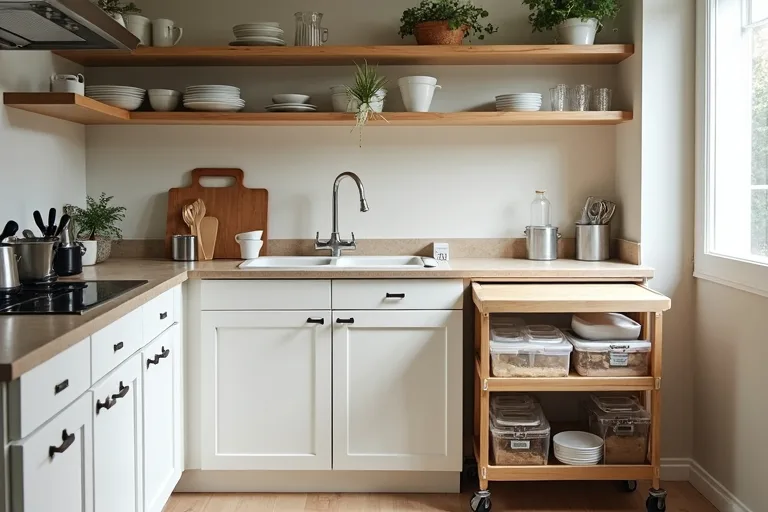 A small practical kitchen with a rolling storage cart, open shelving, and organized pantry containers in natural light.