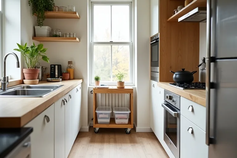 A small kitchen with a rolling cart and organized pantry containers that add storage without crowding the room.