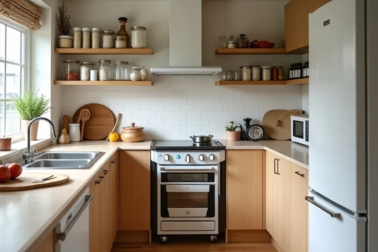 Small kitchen layout with a compact storage cart helping separate prep space from the main work area