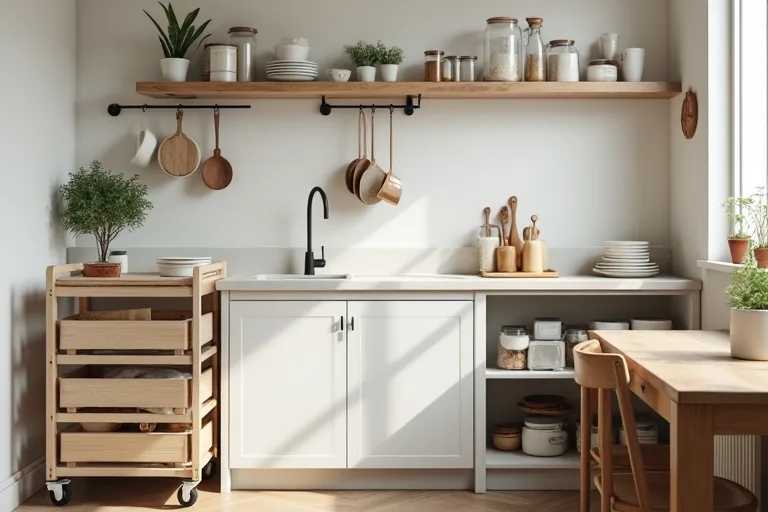 A compact kitchen with a practical storage cart and tidy pantry containers in an everyday home setting