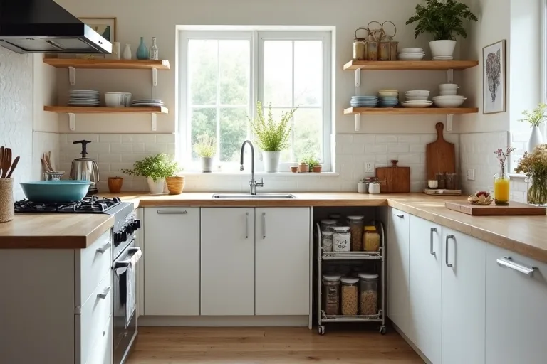 Organized pantry containers used to group dry goods in a small kitchen storage zone.