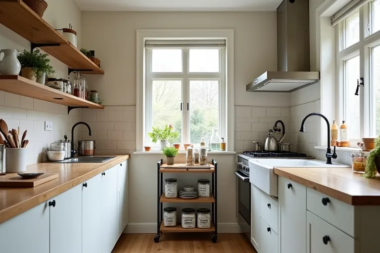 A rolling kitchen cart providing extra prep and storage space in a small kitchen.