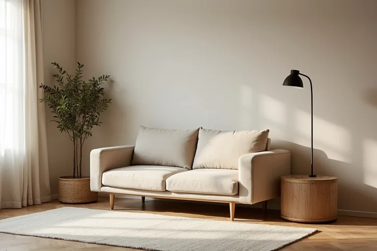 Small living room styled with compact seating, simple storage, and a slim floor lamp