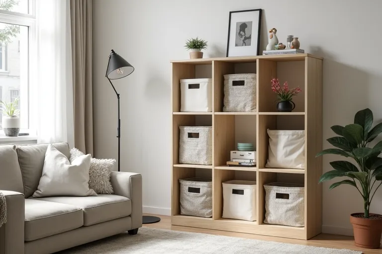 A practical small living room setup with storage placed to support both organization and circulation.
