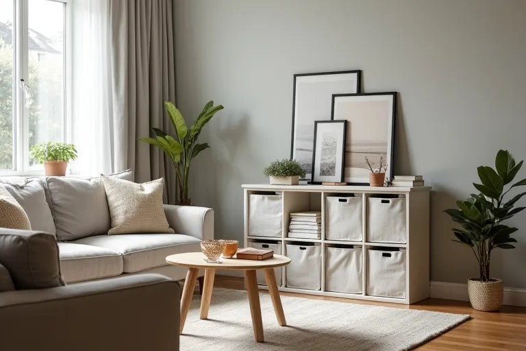 Measured small living room layout with compact storage placed to preserve walking space