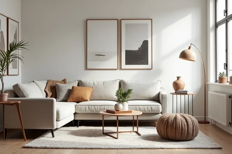 A calm small living room with light colors, simple accessories, and a balanced amount of storage and surface clutter.