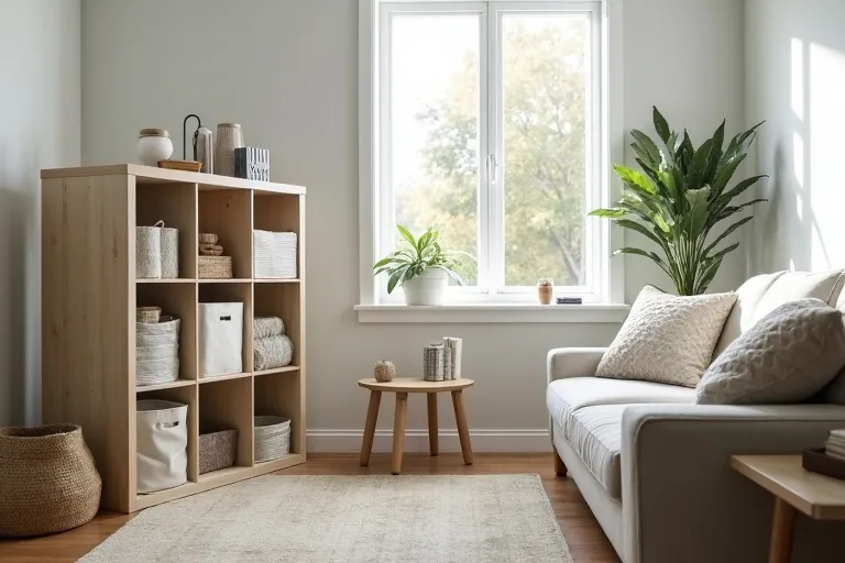A small living room layout showing a cube organizer placed to support storage without blocking the seating area.