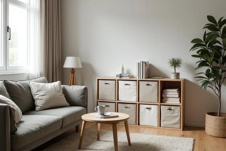 Fabric bins inside a cube organizer in a small living room used for everyday storage