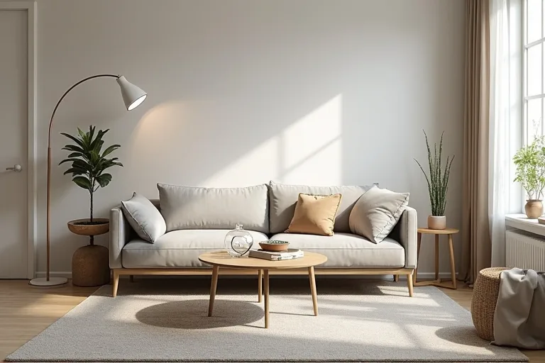 A small living room with a neutral area rug, compact sofa, and arc floor lamp arranged to feel more open and easier to use.