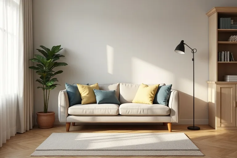 Compact living room with clear walking paths around a correctly sized rug and sofa