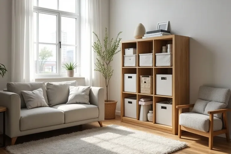 A compact cube organizer with bins in a small living room used for everyday storage.