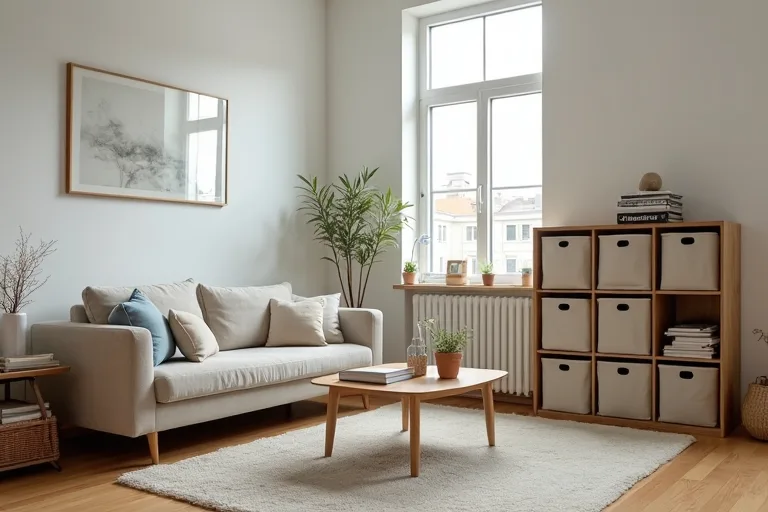 Small living room storage with books, baskets, and a compact organizer arranged beside seating