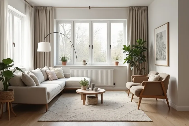 A compact living room layout with clear walkways and a balanced seating arrangement.