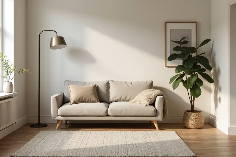 Measured small living room layout with compact seating and open circulation space