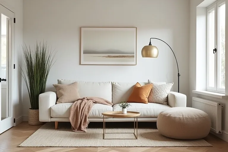 A small living room furniture arrangement showing a compact sofa, coffee table, and floor lamp with open walking space.