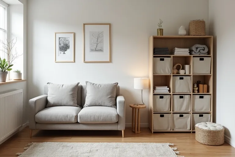 An 8 cube storage organizer with fabric bins used to control clutter in a small living room.