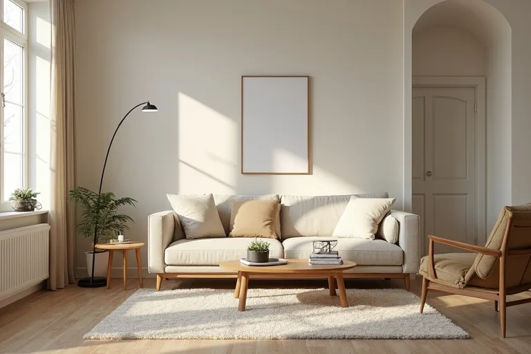 Small living room layout showing calm proportions and clear walking space around compact seating