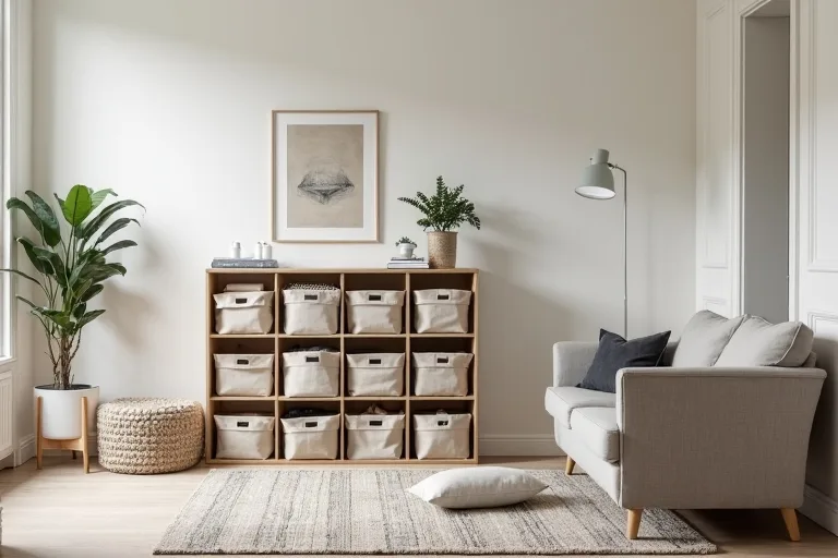 A compact living room showing how storage can sit beside seating without blocking the walkway.