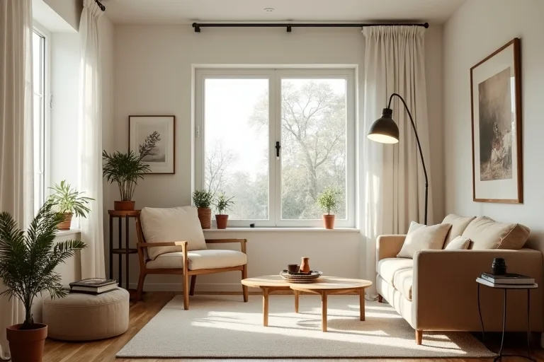 Small living room with a neutral rug, compact seating, and a modern arc floor lamp in a calm, practical layout