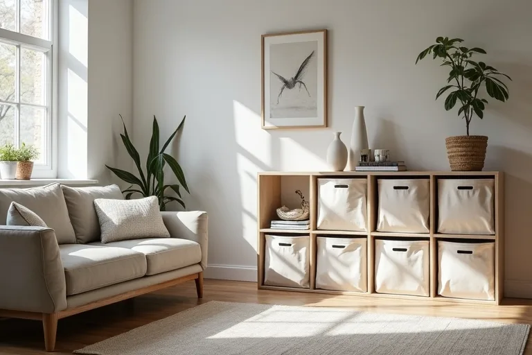 A small living room layout showing why clear walking space matters when placing storage.