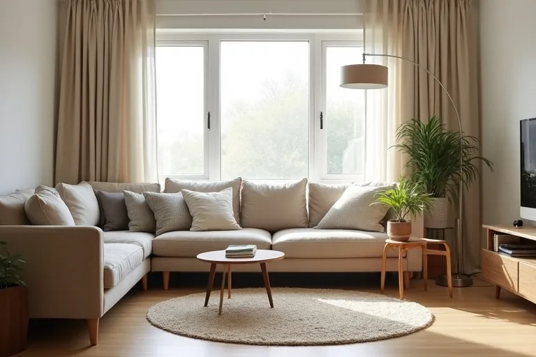 Neutral area rug anchoring compact living room seating with balanced proportions