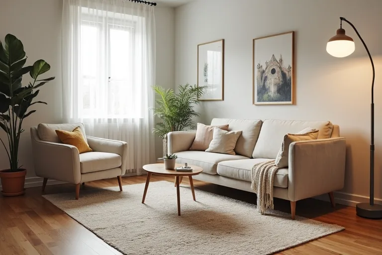 Small living room with layered lighting and tidy styling that keeps the room visually open