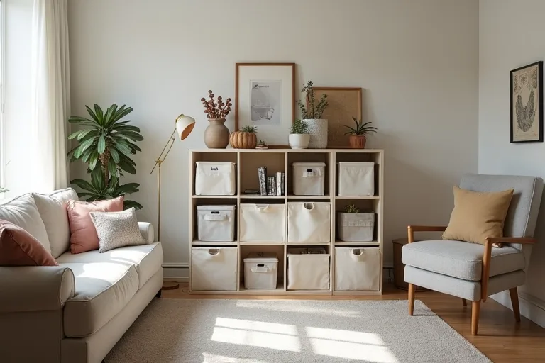 A small living room with a compact cube storage organizer and clear walking space, showing practical storage that does not crowd the room.