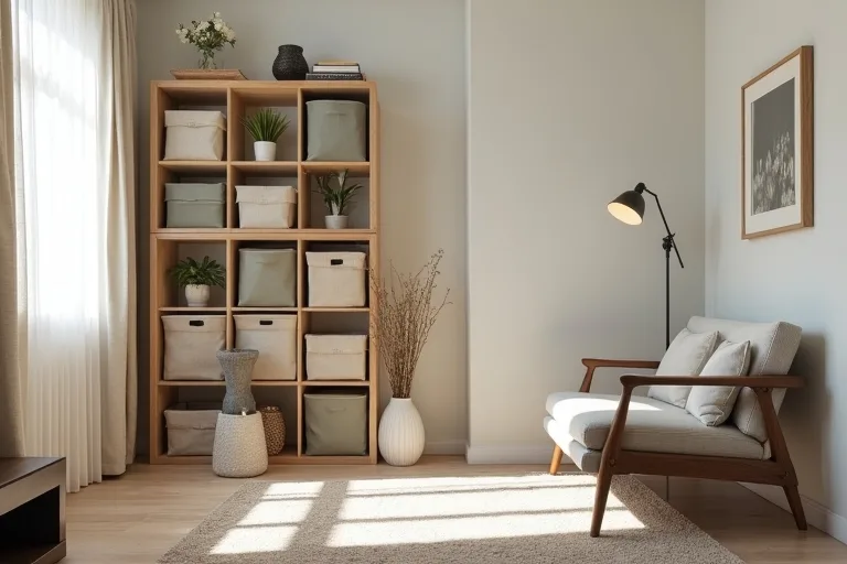 A calm small living room with tidy storage and open floor space, showing a layout that feels easier to live with.