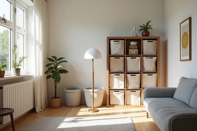 A small living room with storage that stays out of the walking path and leaves the layout open.