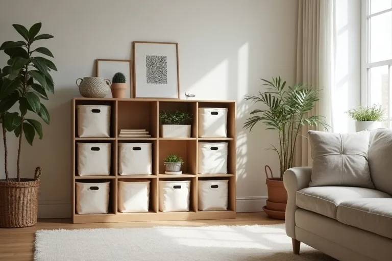 A compact cube storage organizer in a small living room, showing how storage can sit neatly without blocking the walkway.