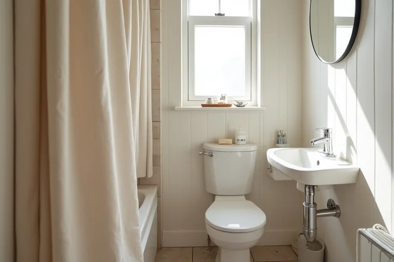 A small bathroom with soft beige and white tones, natural light, and calm styling that feels open without looking empty.