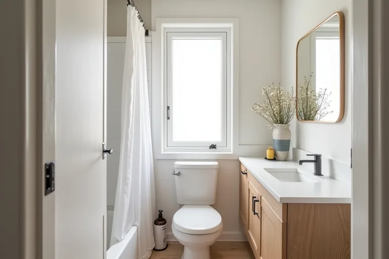 A compact bathroom layout with a clear walking path and simple fixtures
