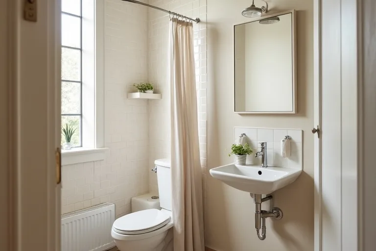 An over-toilet storage shelf used neatly in a small bathroom, keeping supplies organized without crowding the vanity area.