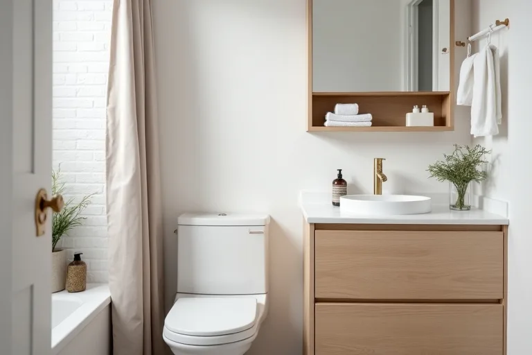 Bathroom storage above the toilet and simple compact fixtures in a small room